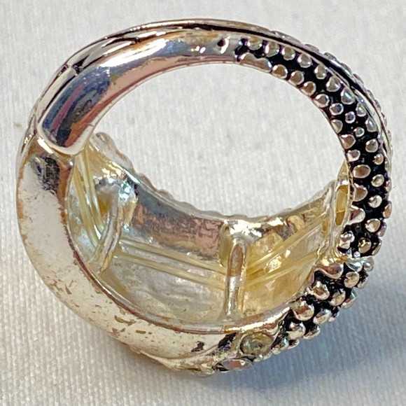 Ornate Silver Tone Ring Clear Stones Adjustable Stretch - Picture 6 of 9